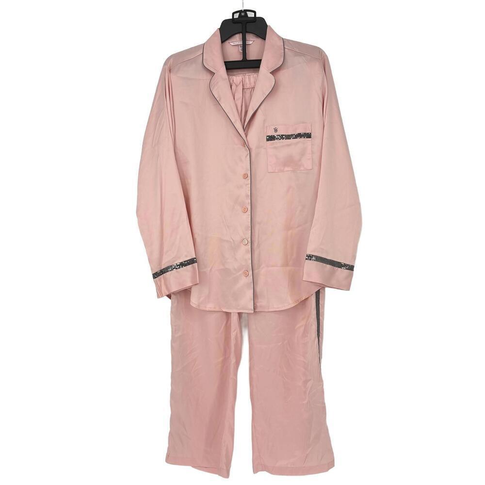 Victoria's Secret Pink Satin Pajama Set Lounge ware Sequin Trim Women's size Med